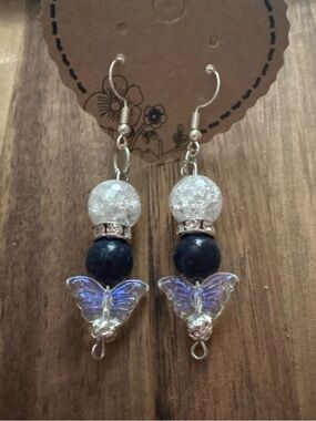 Handmade Iridescent Butterfly Drop Earrings w/ Lapis Lazuli and Glass Beads